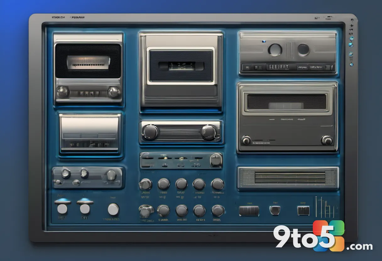 A close-up of a retro media player window with a metallic blue skin, small album art thumbnail, and vintage play control