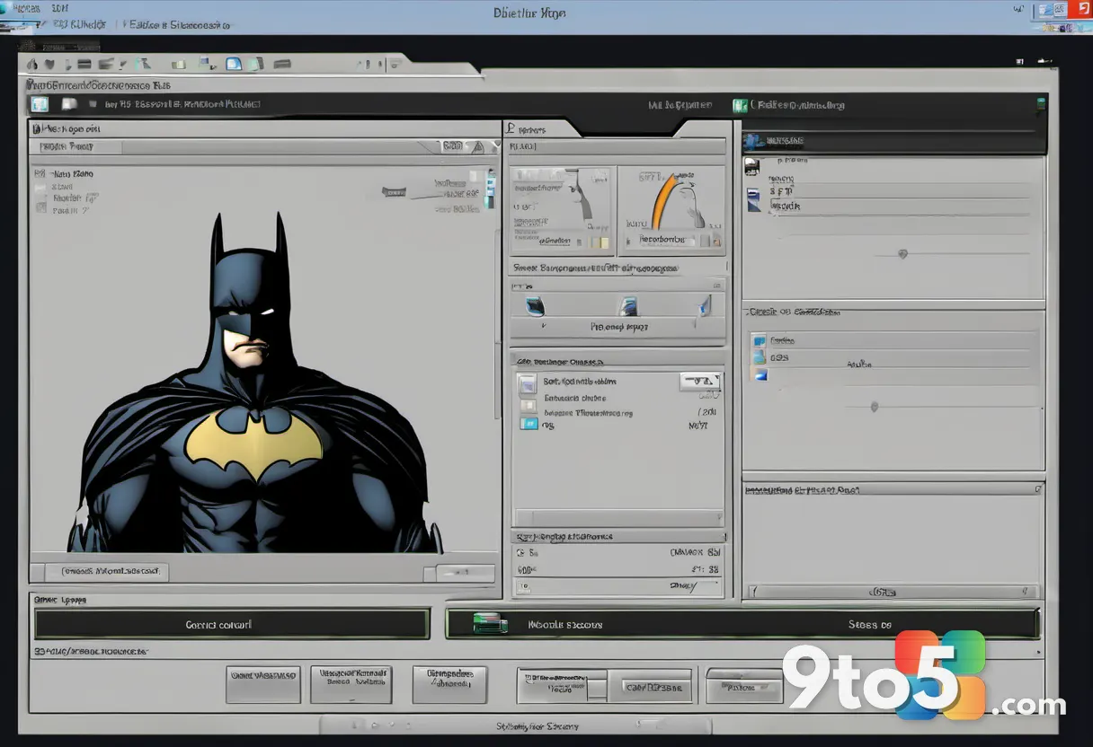 A nostalgic Windows XP-era desktop with a Batman-themed media player skin, dark moody colours, and a subtle glow, evokin