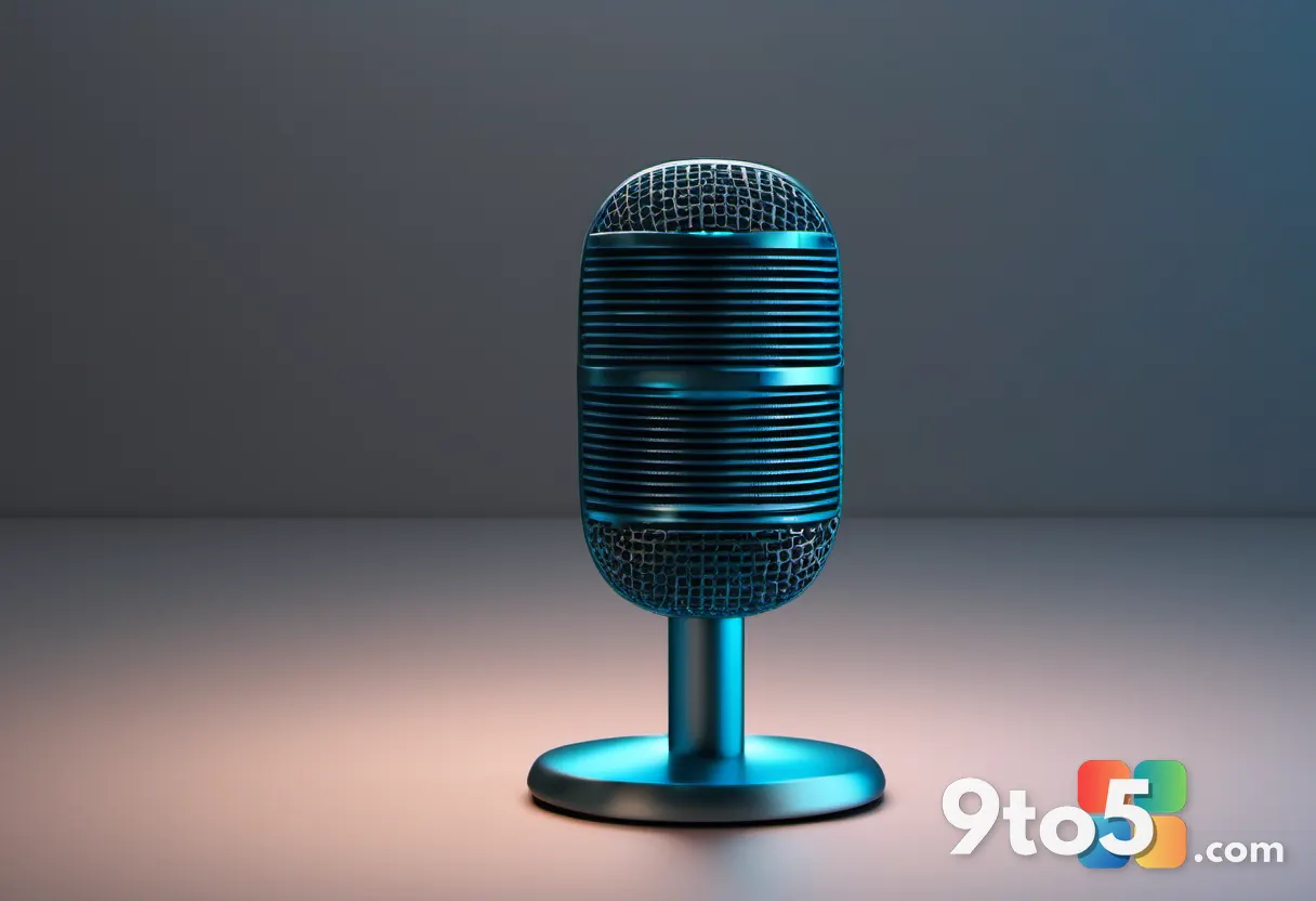 A modern studio microphone with glowing blue sound ripples emanating outward against a dark background, symbolizing fast