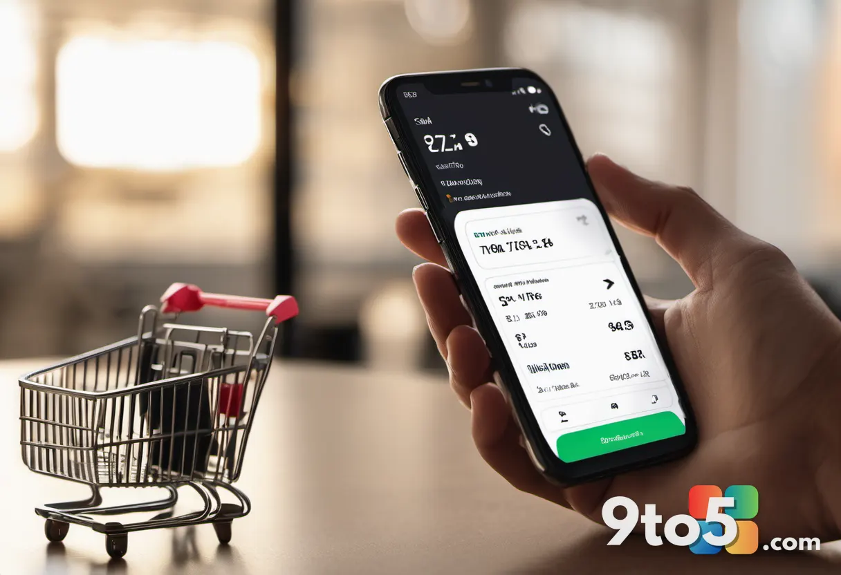 A hand holding a smartphone displaying a shopping cart with a dollar price tag and Office logo, warm lighting, consumer 