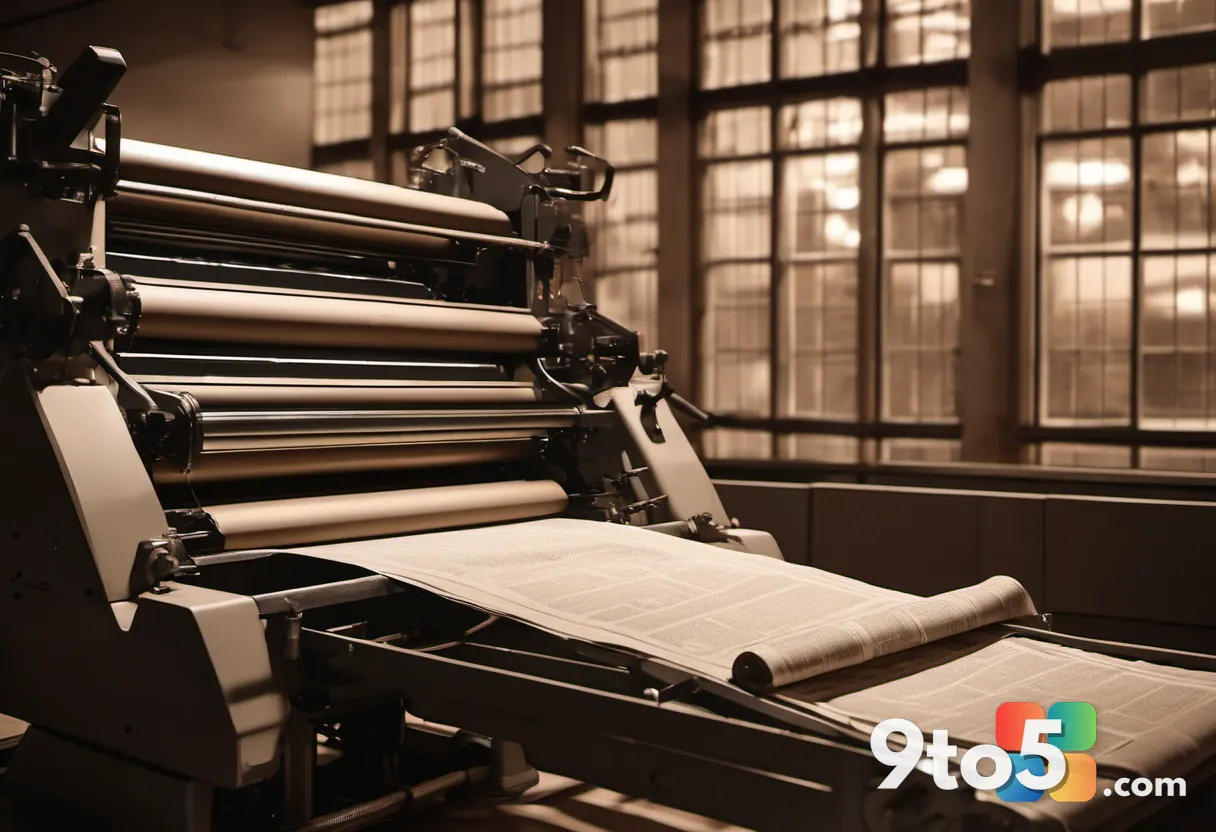 A vintage printing press rolling out newspapers in a dimly lit newsroom, ink-stained paper stacking on a conveyor belt, 