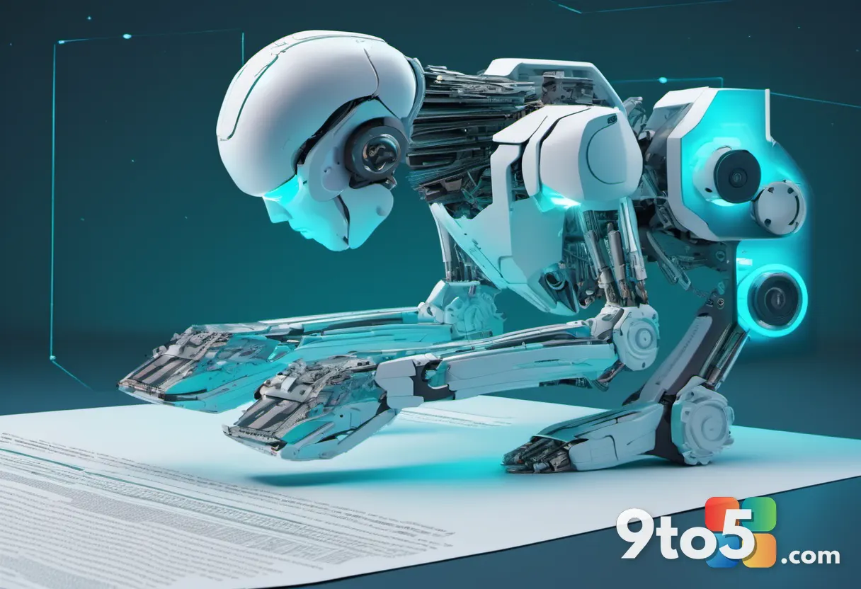 A stylized illustration of a robotic arm or digital brain scanning and absorbing stacks of newspaper pages and photograp