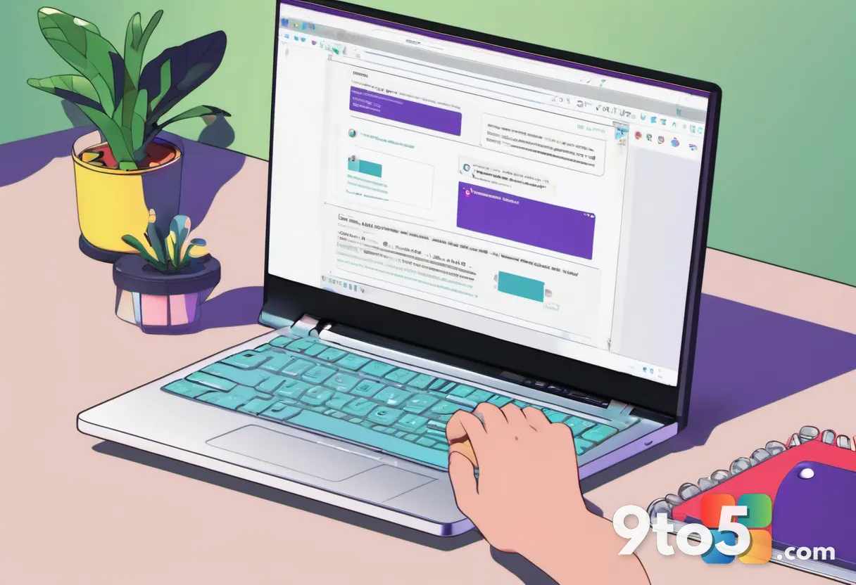 A person's hands on a keyboard and mouse working on a laptop, close-up of a colorful simple illustration on screen, natu
