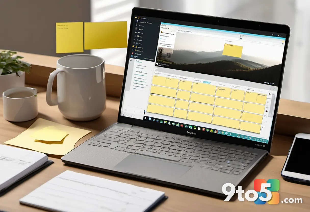 A top-down view of a project manager's desk with a laptop showing task lists, yellow sticky notes, and a coffee mug, war