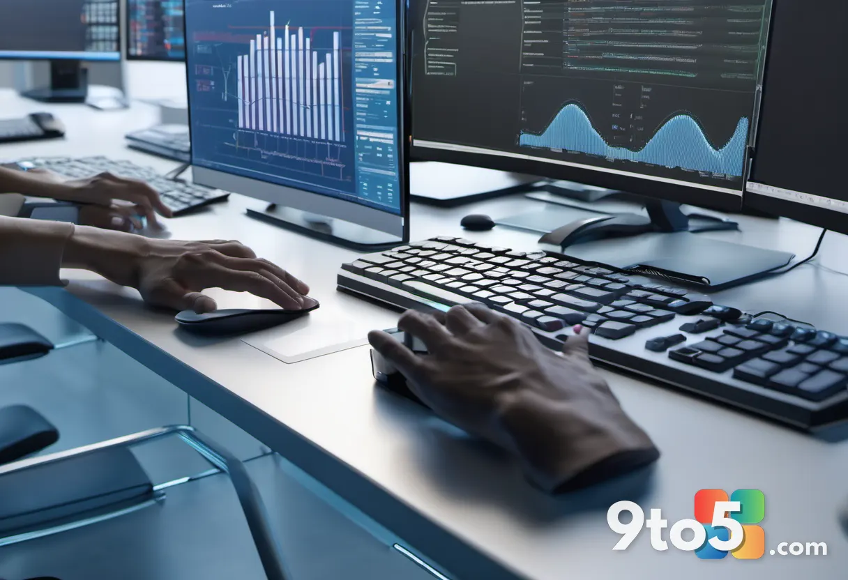 A close-up of hands typing on a keyboard with a monitor showing resource management and workload charts in the backgroun