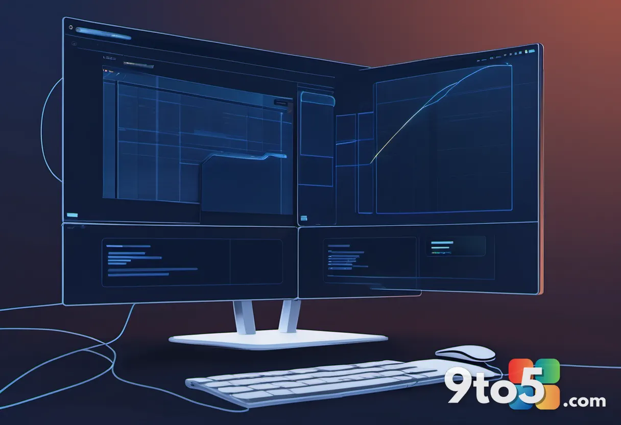 A minimalist illustration of two computers connected by a glowing line across a dark blue tech background, symbolizing s