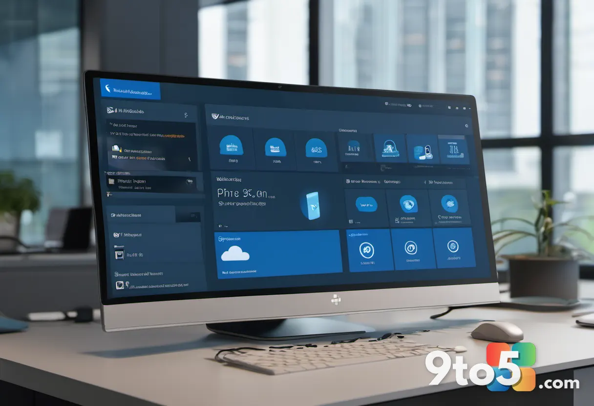 A Microsoft 365 admin dashboard showing the admin center and message notifications, cool blue tones, clean corporate ill