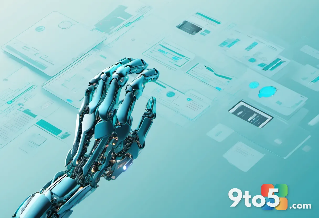 An abstract illustration of a robotic AI hand reaching toward floating web pages and documents, cool blue and teal tones