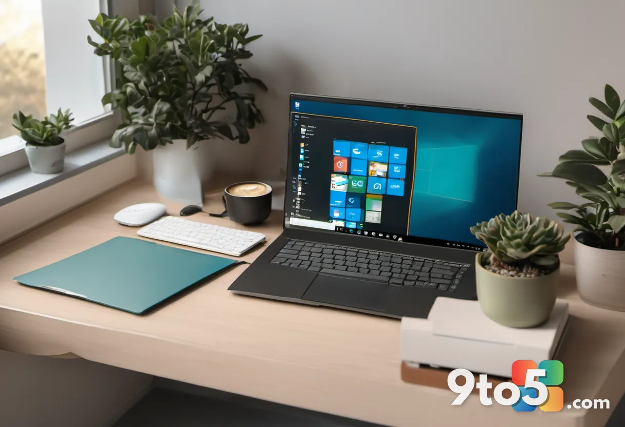 A clean flat-lay photograph of a developer's desk with a laptop showing code, next to a small potted plant and a coffee 