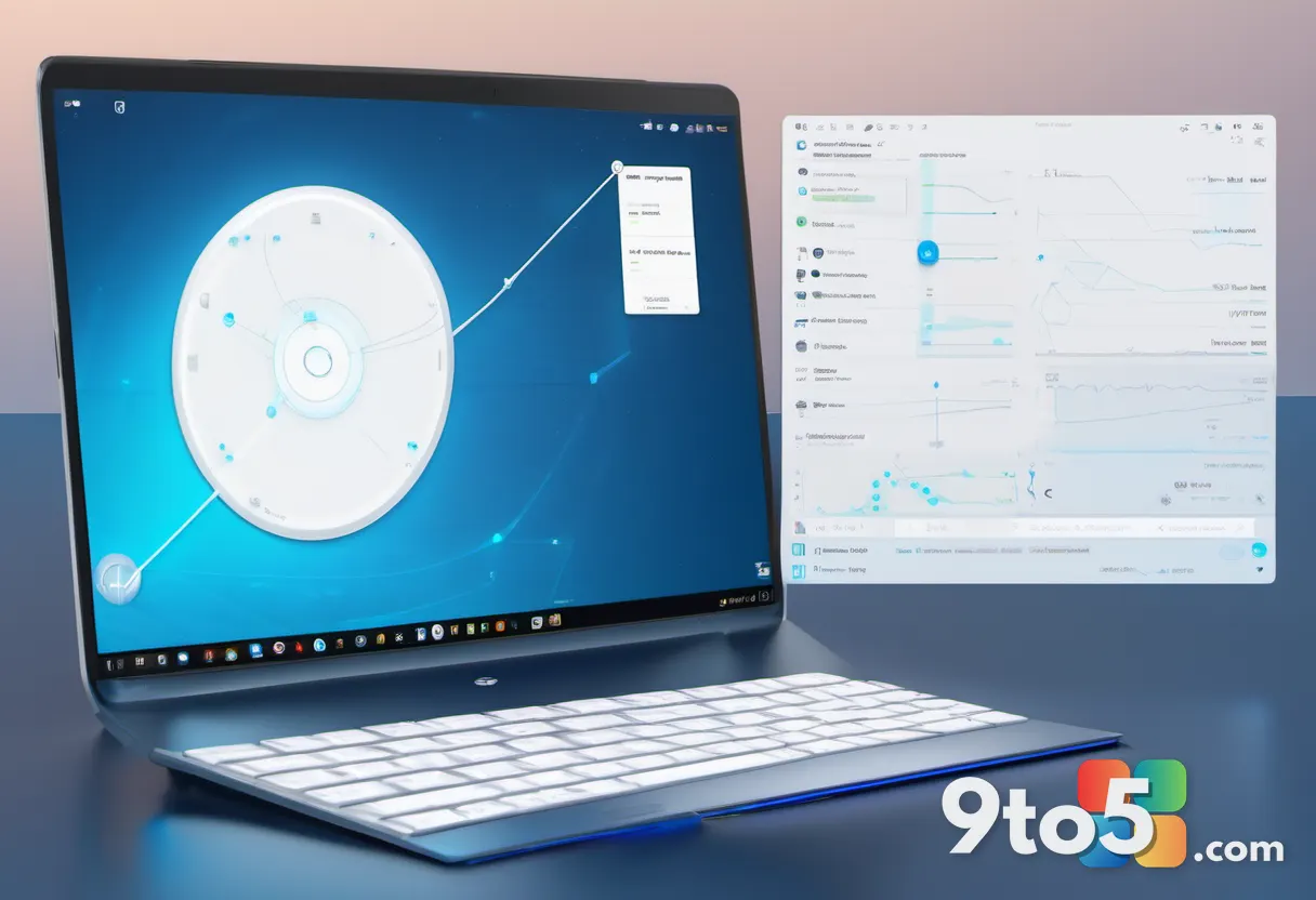 A conceptual image of a blue arrow guiding a glowing app icon from one platform toward a larger Copilot-branded hub, on 