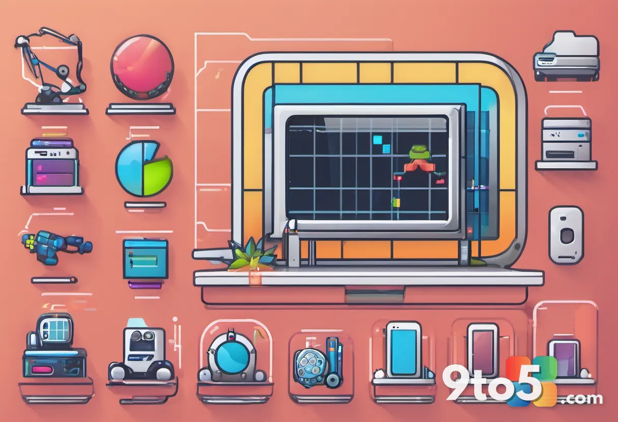 A close-up of a Windows desktop with several colorful PowerToys tool icons arranged neatly in a row, soft blurred backgr