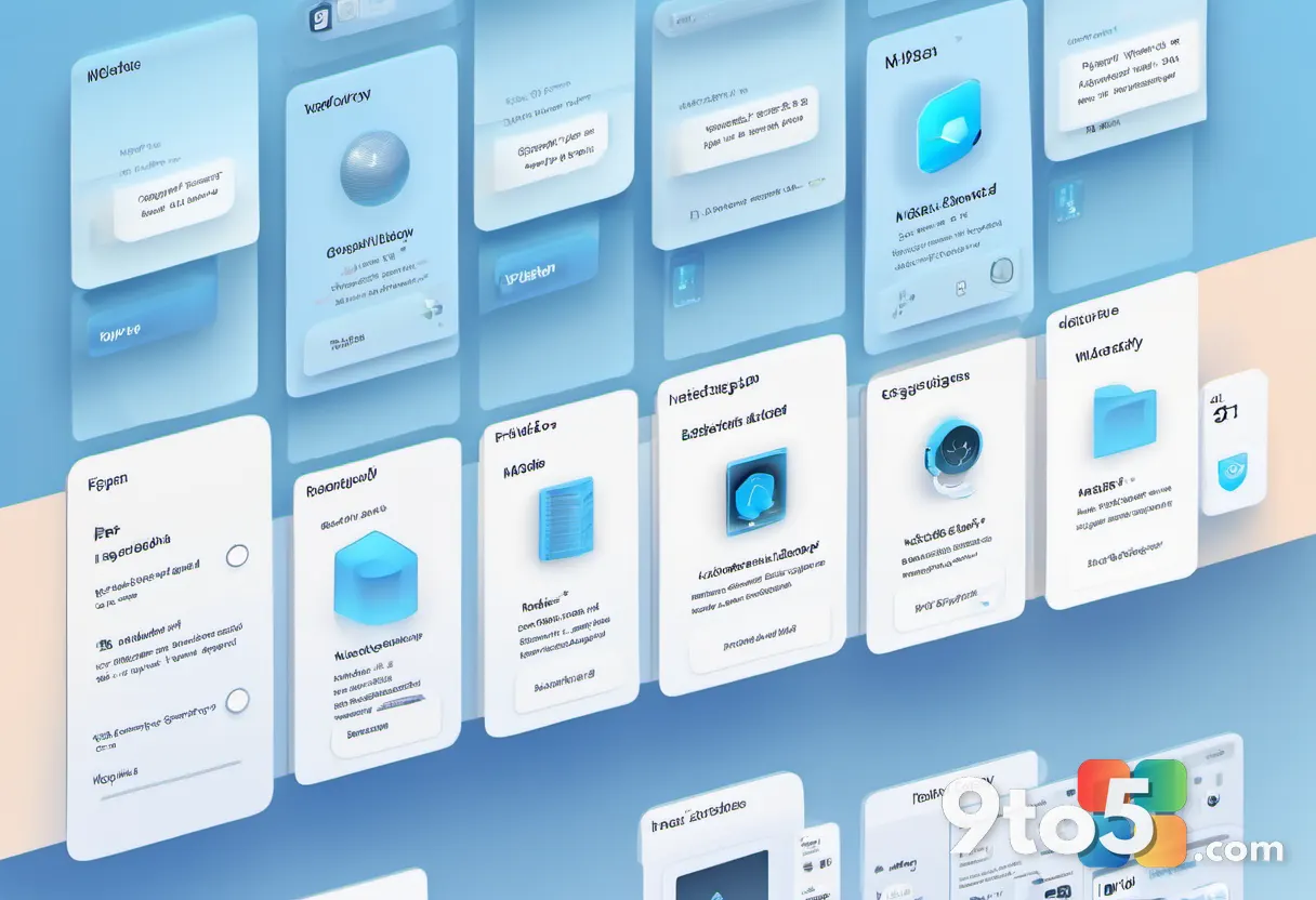 A minimalist illustration of a cluttered old settings list transforming into a tidy modern interface, soft blue gradient