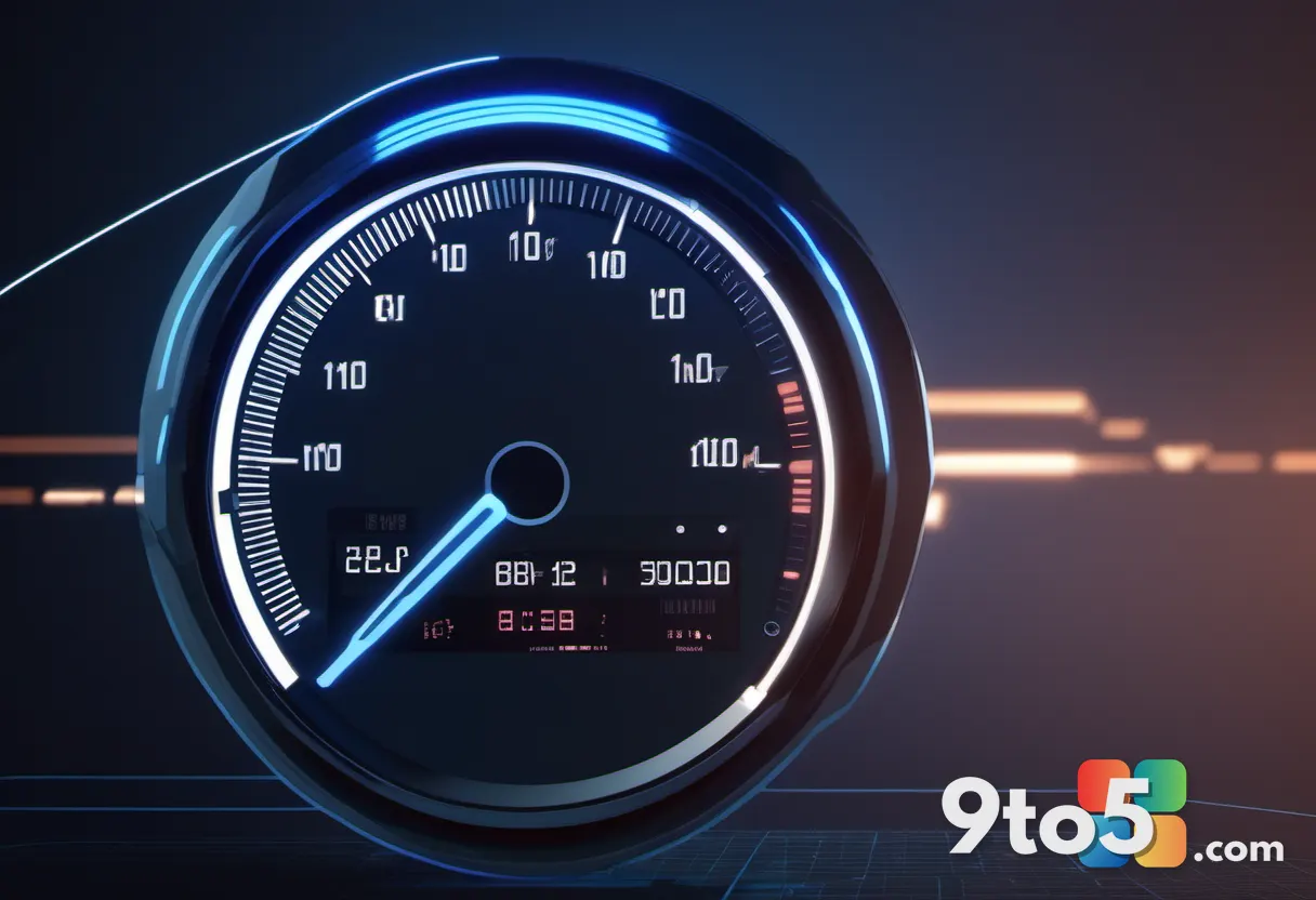 Close-up of a glowing speedometer with a needle pointing to the high end, overlaid with faint token-count digits, dark b