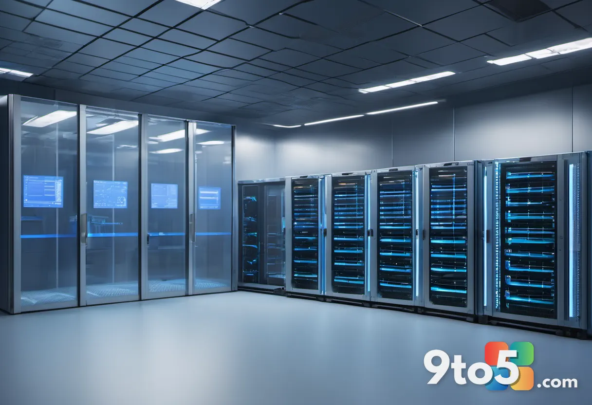 Enterprise server room with rows of blue-lit racks and a floating efficiency chart trending downward, clean professional