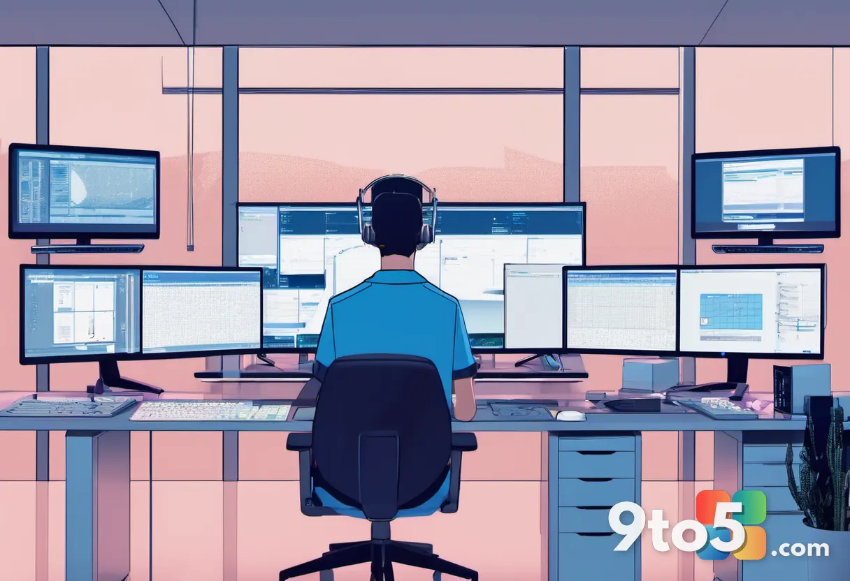 IT administrator at a desk with multiple monitors showing Windows settings and policy consoles, office environment, cool