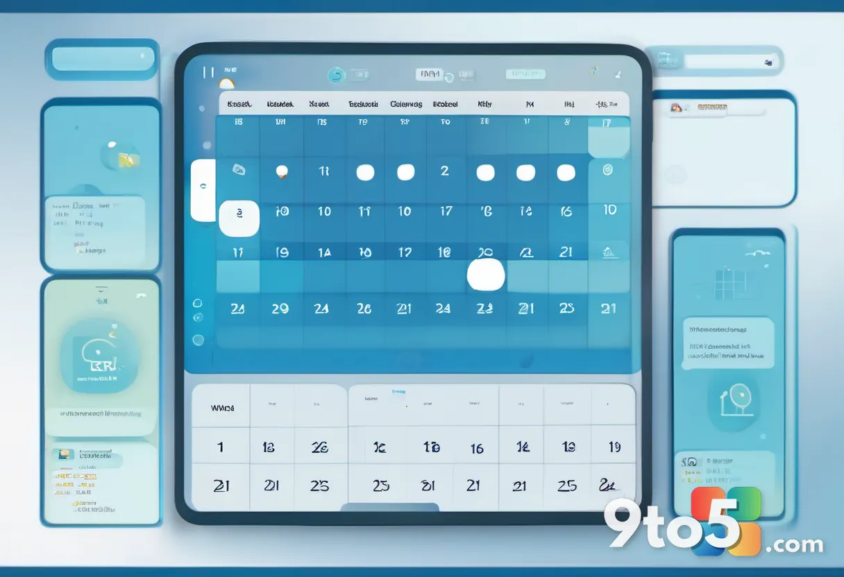 A stylized calendar page and clock icon gently merging with chat bubbles on a blue gradient background, flat vector illu
