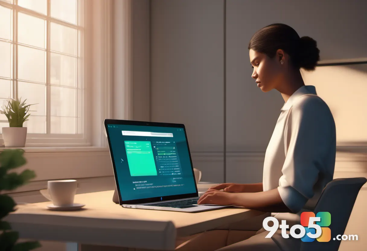 A person at a bright desk reviewing meeting notes on a laptop with a soft Teams notification glow, realistic editorial i