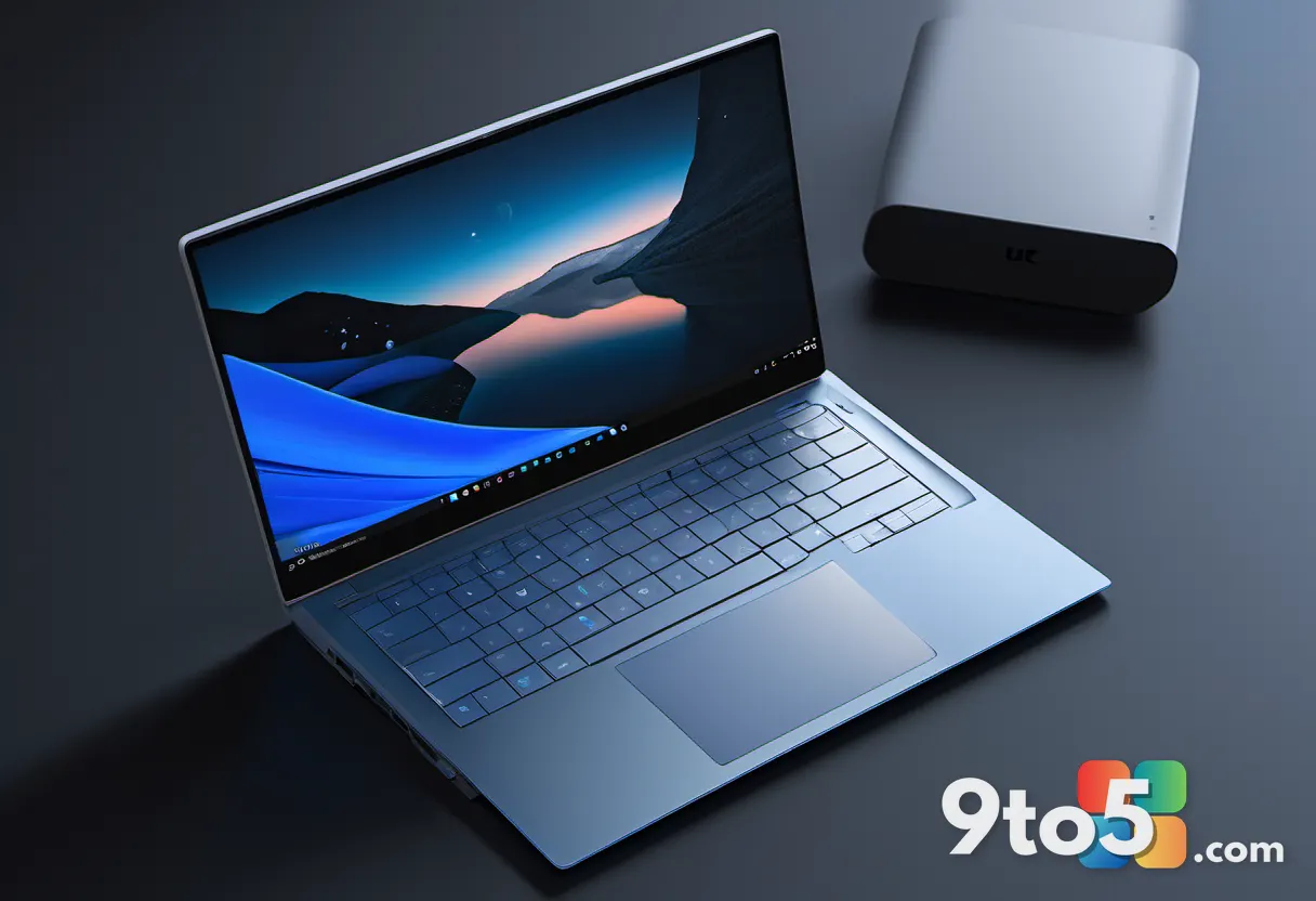 Close-up of a Surface Laptop Ultra screen showing an AI image-generation interface with glowing blue accents, dark desk 