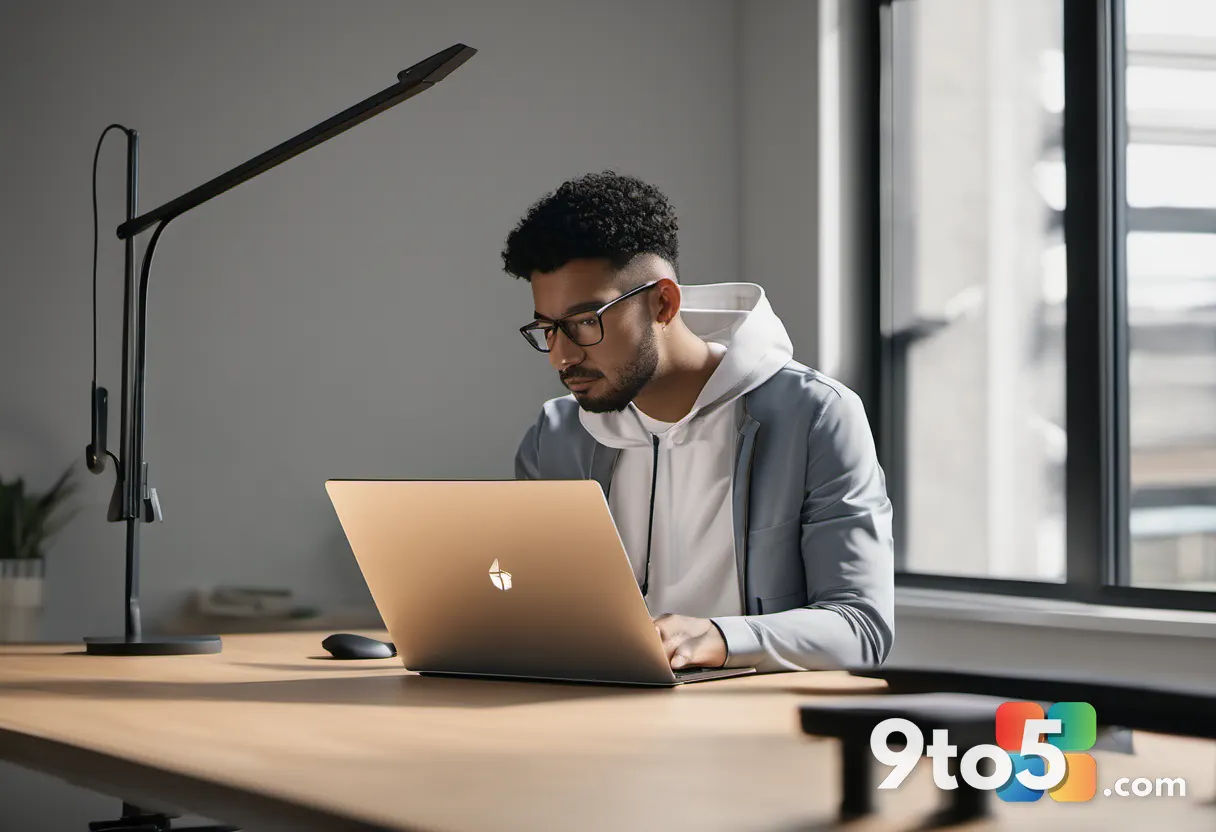 A focused developer working at a bright standing desk with the Surface Laptop Ultra, creative studio setting, natural wi