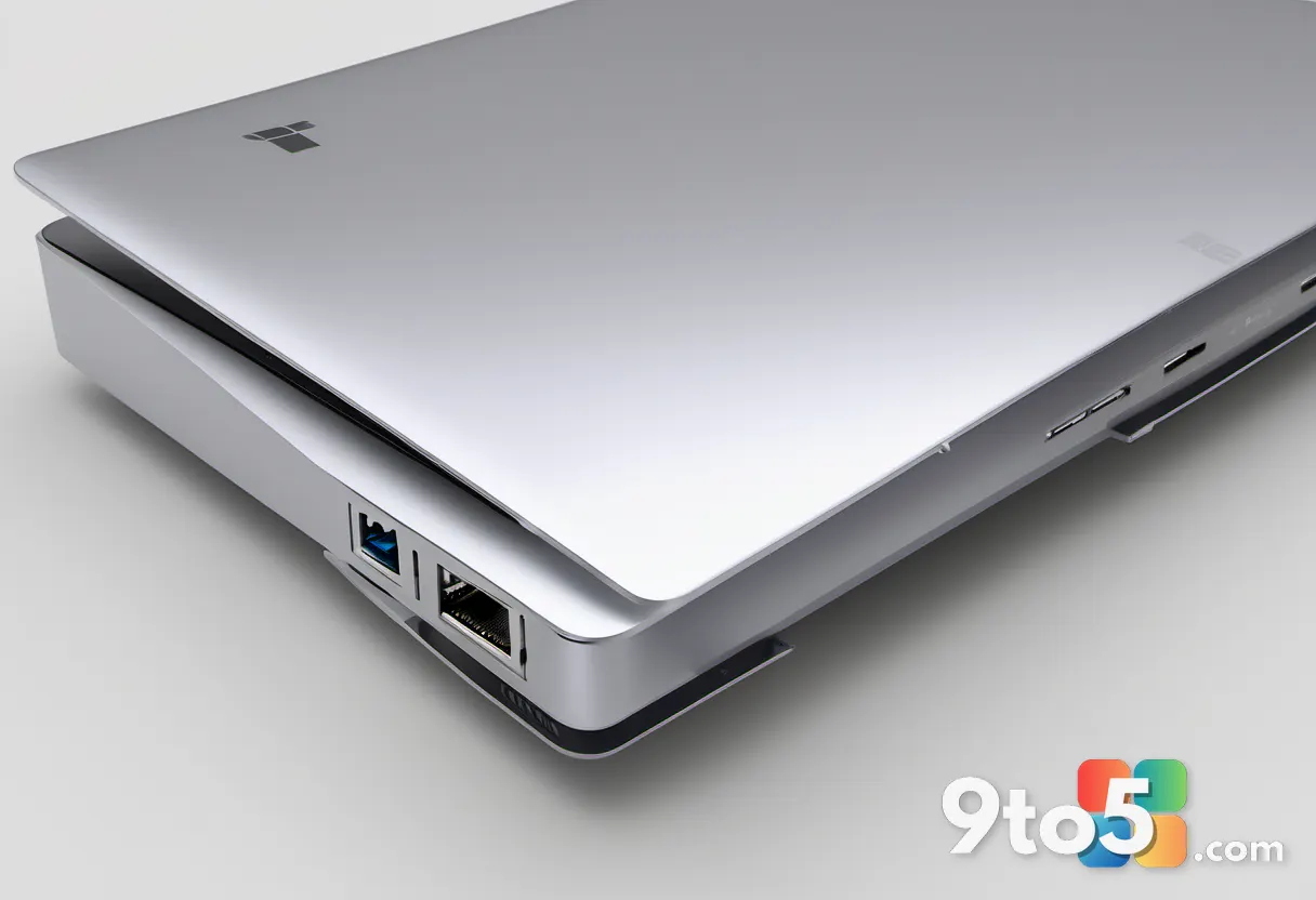 Macro detail shot of a Surface Laptop Ultra hinge and its magnetic USB-C charging port, brushed aluminum finish, subtle 