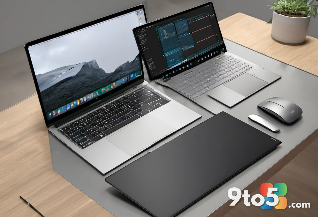 Two laptops side by side on a wooden desk, one silver one space gray, faint benchmark charts reflected on the surfaces, 