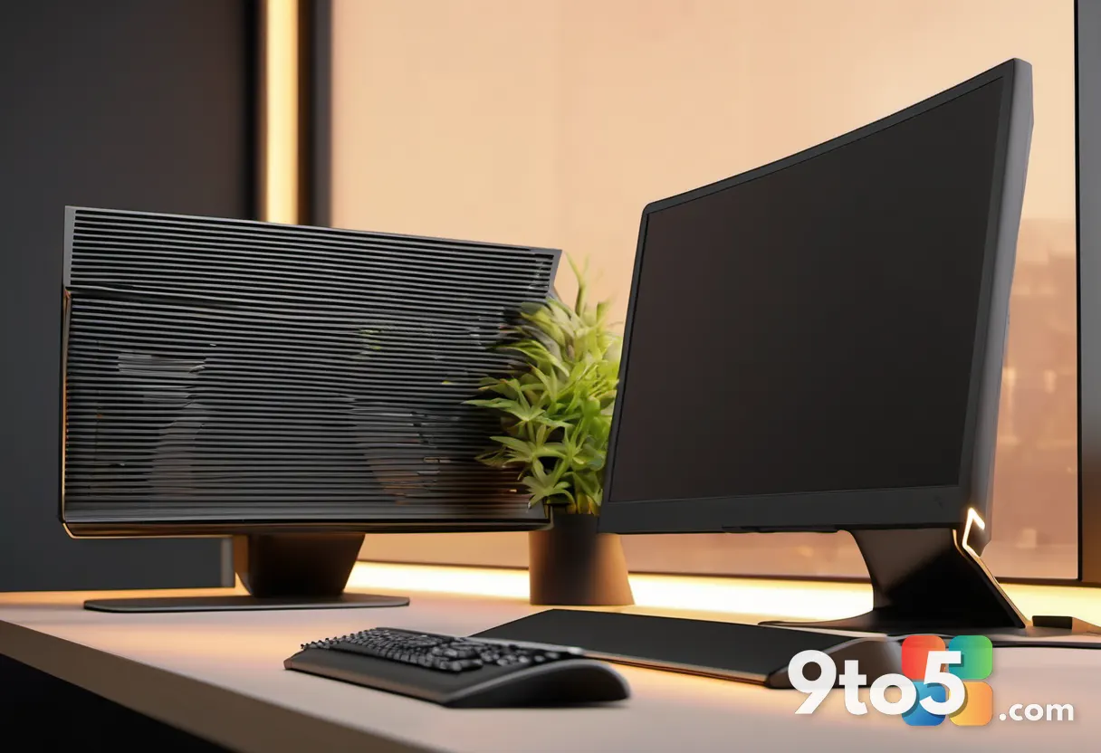 A close-up of a compact black desktop's angular front panel and ventilation grilles, warm desk lamp glow, dark backgroun