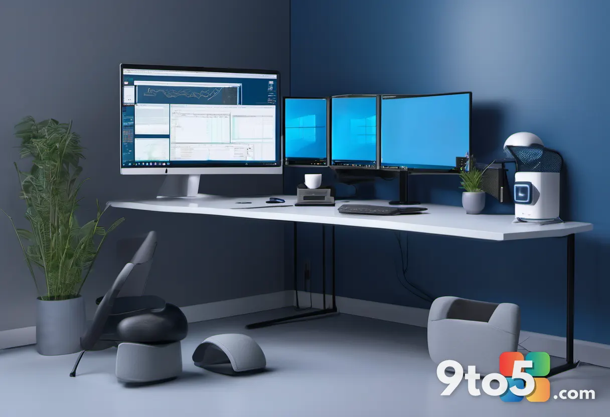 A modern developer's workspace with a small black desktop, dual monitors showing code lines, a coffee mug, ambient blue 