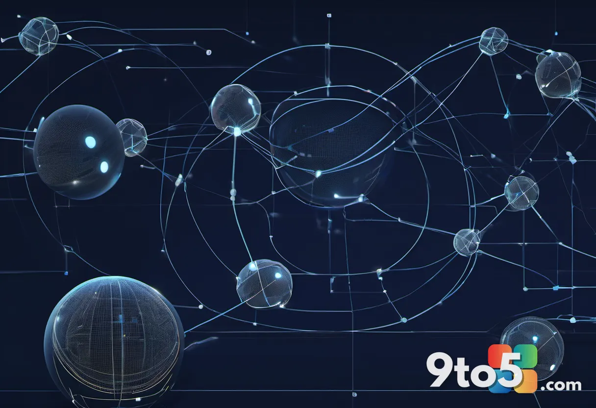 Abstract representation of connected security nodes forming a network, glowing lines between spheres on a dark navy back