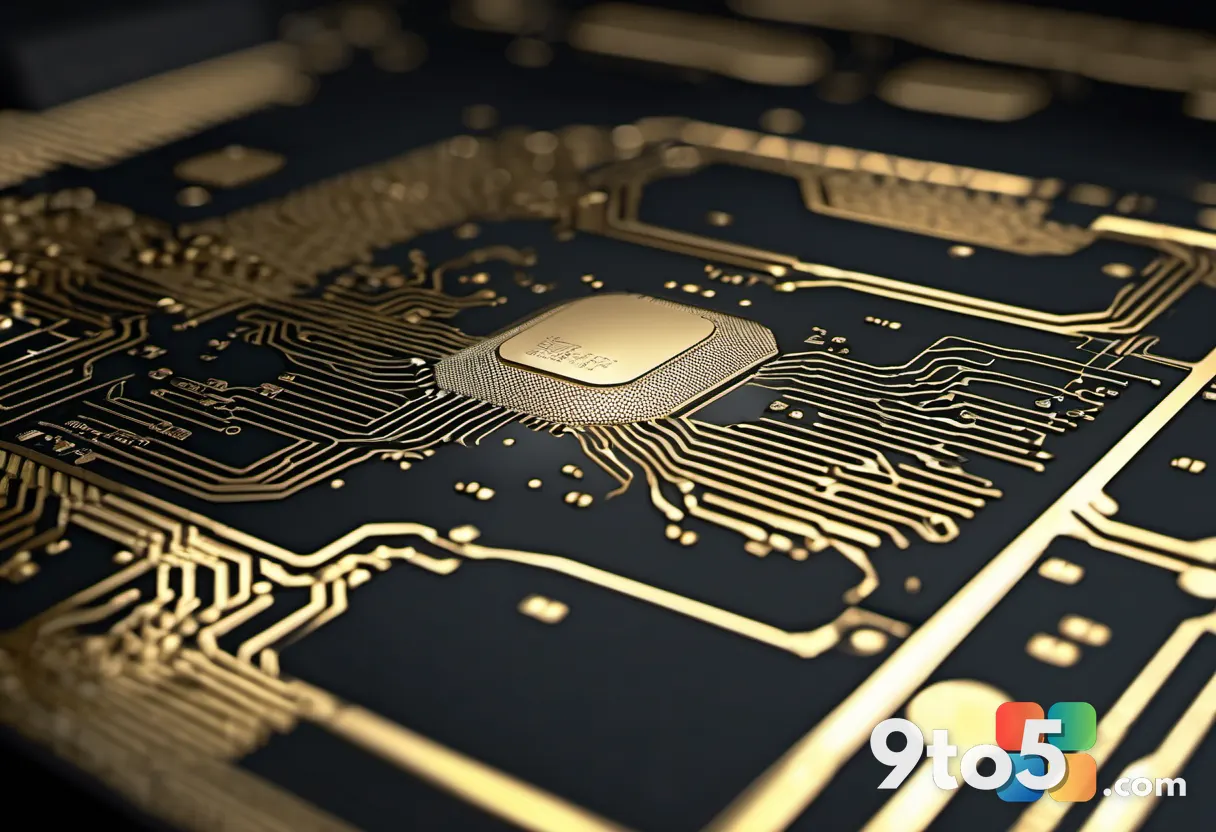 Macro close-up of a custom silicon processor chip with intricate gold circuitry and etched patterns, dramatic studio lig