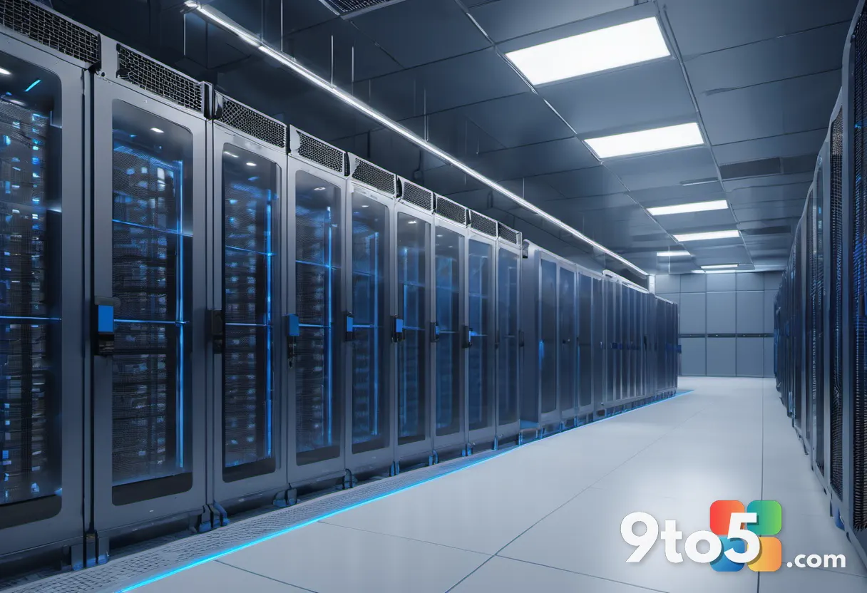 Data center cooling infrastructure with large pipes and ventilation ducts between server racks, industrial blue tones, b