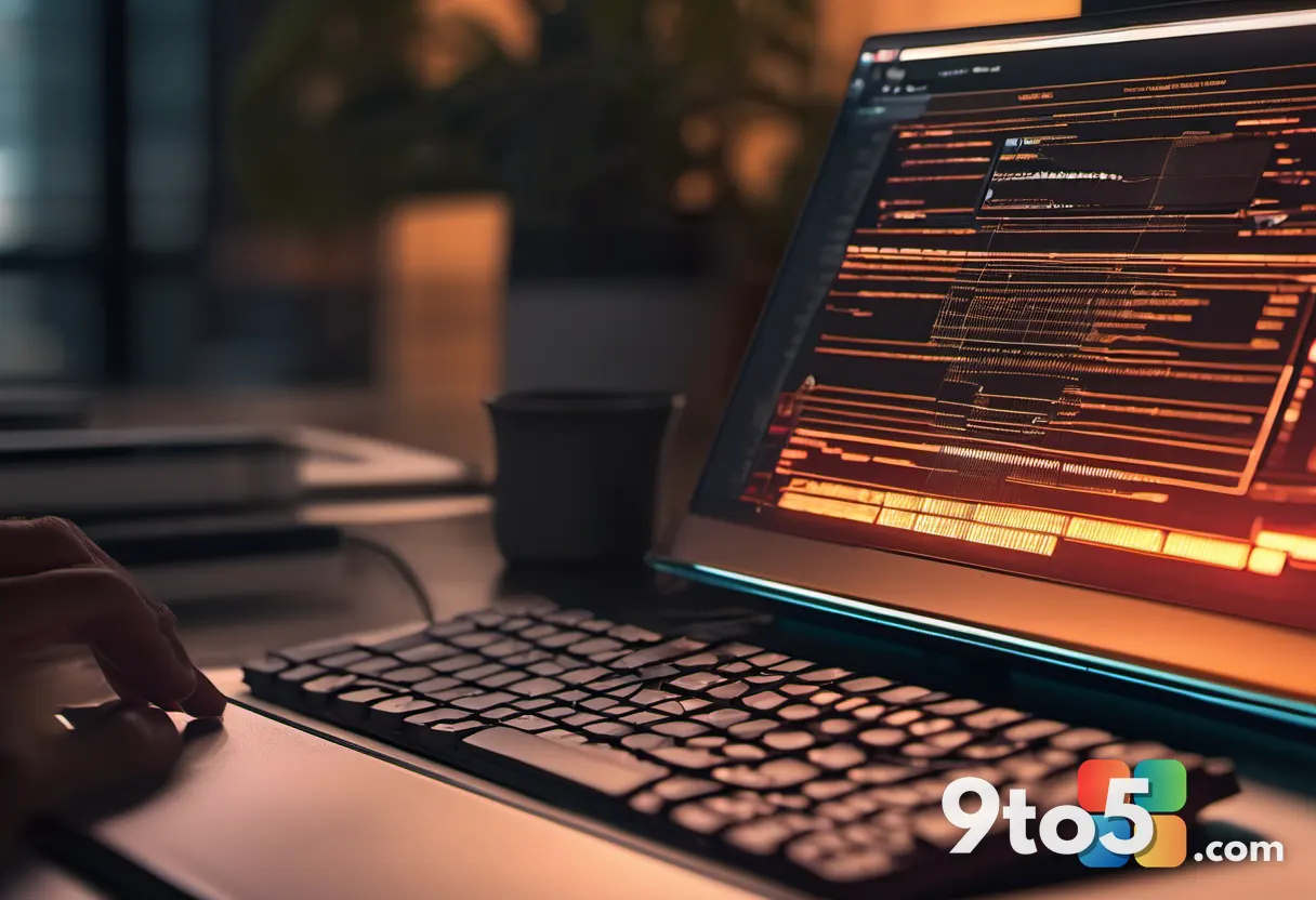 Close-up of a developer's hands on a backlit keyboard, blurred code editor glowing on screen in the background, warm des