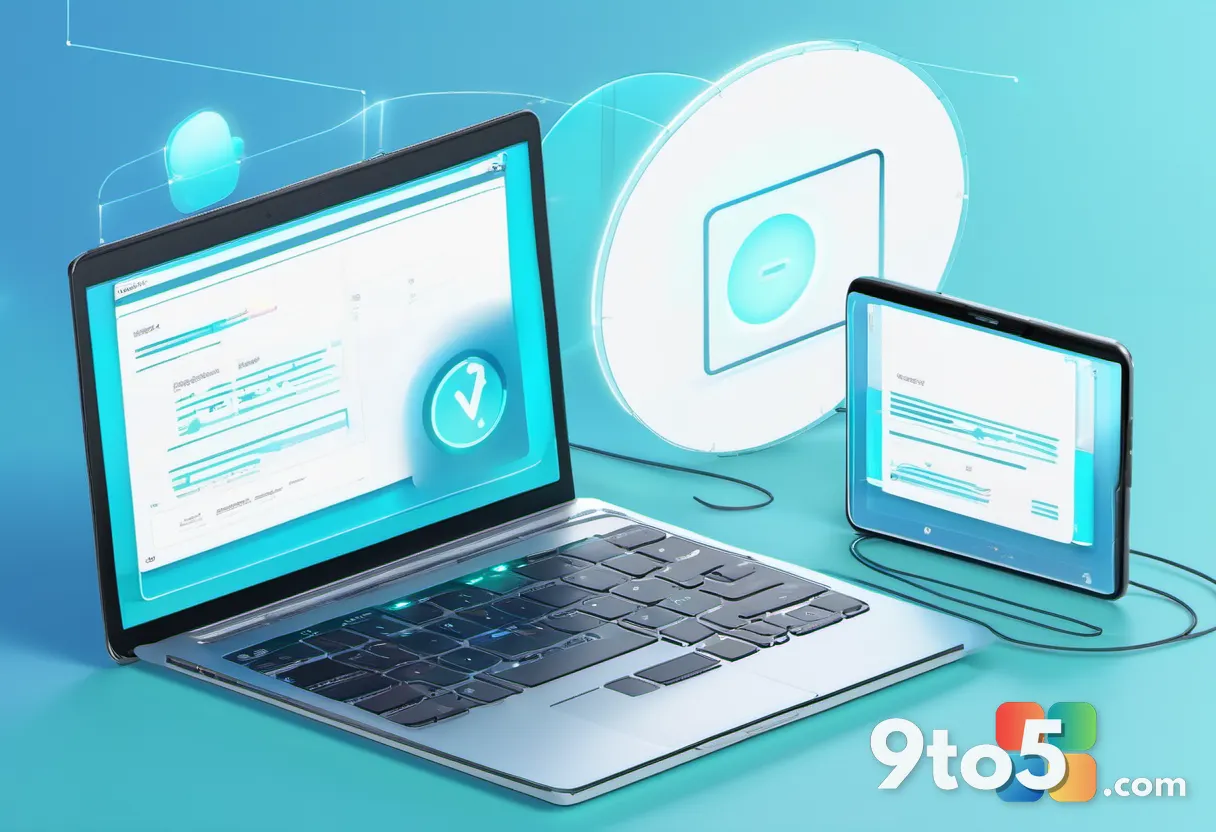 Illustration of a laptop, smartphone, and tablet connected by glowing lines representing cross-platform app development,