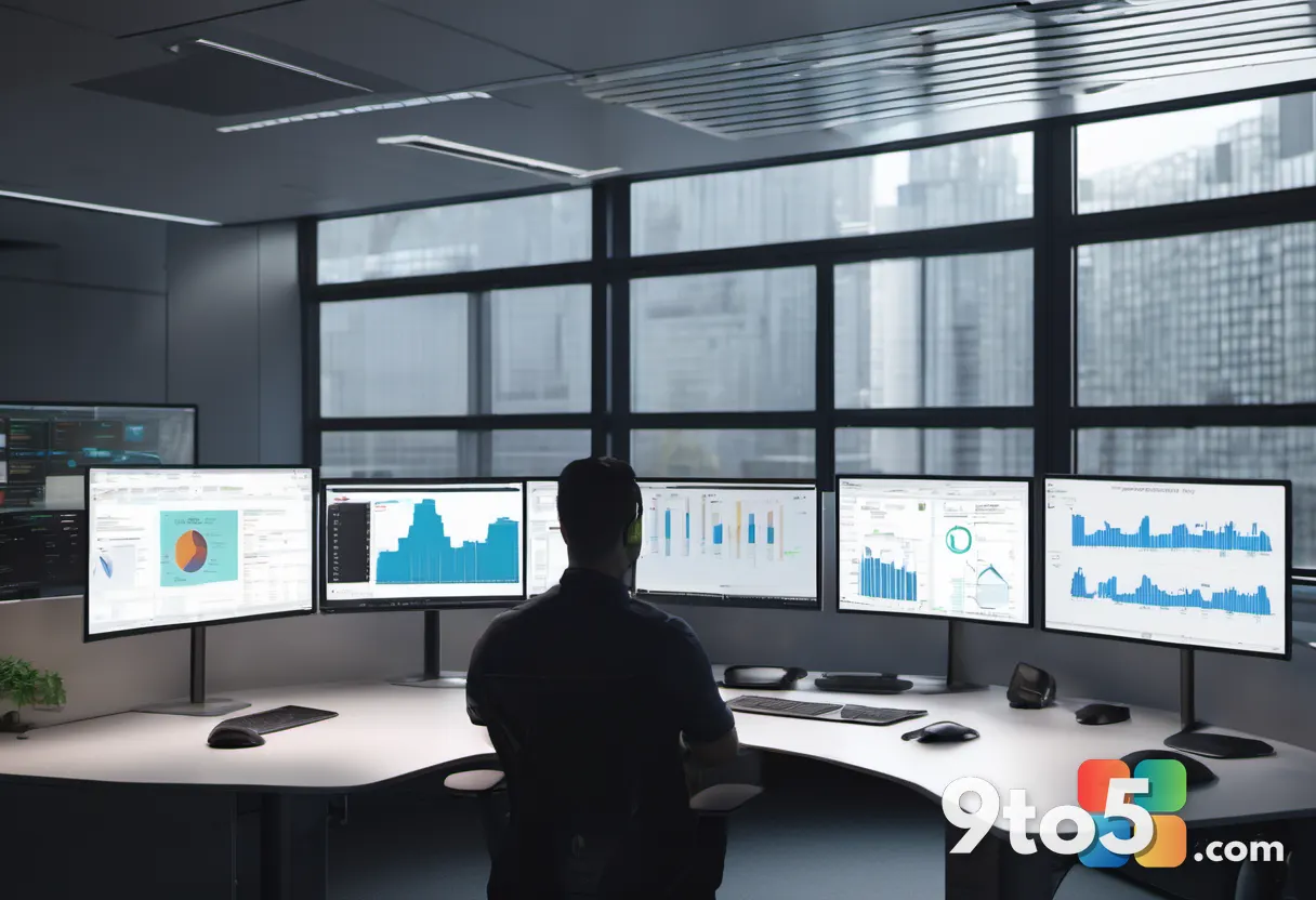 An IT administrator at a desk facing three monitors showing server health dashboards and status charts, soft office ligh