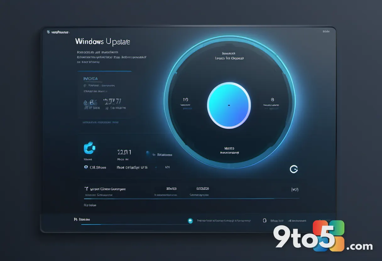 A stylized Windows Update progress screen with a circular spinner, soft blue gradients, minimalist interface design on a