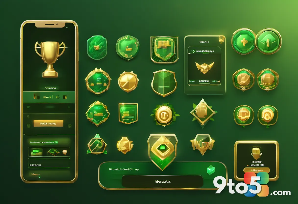 A golden achievement trophy icon glowing against a deep green background, with smaller milestone badges arranged around 