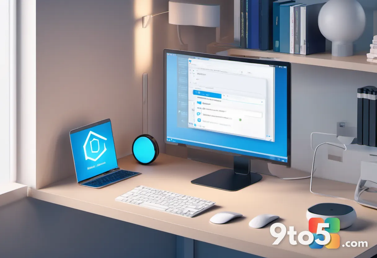 A sleek isometric illustration of a software update package box with a checkmark, resting on a desk beside a laptop disp