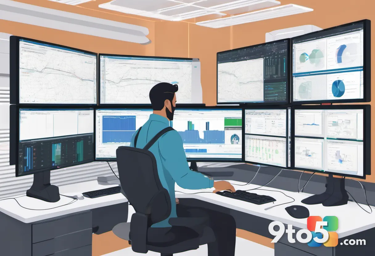 An IT administrator working at a modern workstation with multiple monitors showing deployment dashboards and system stat