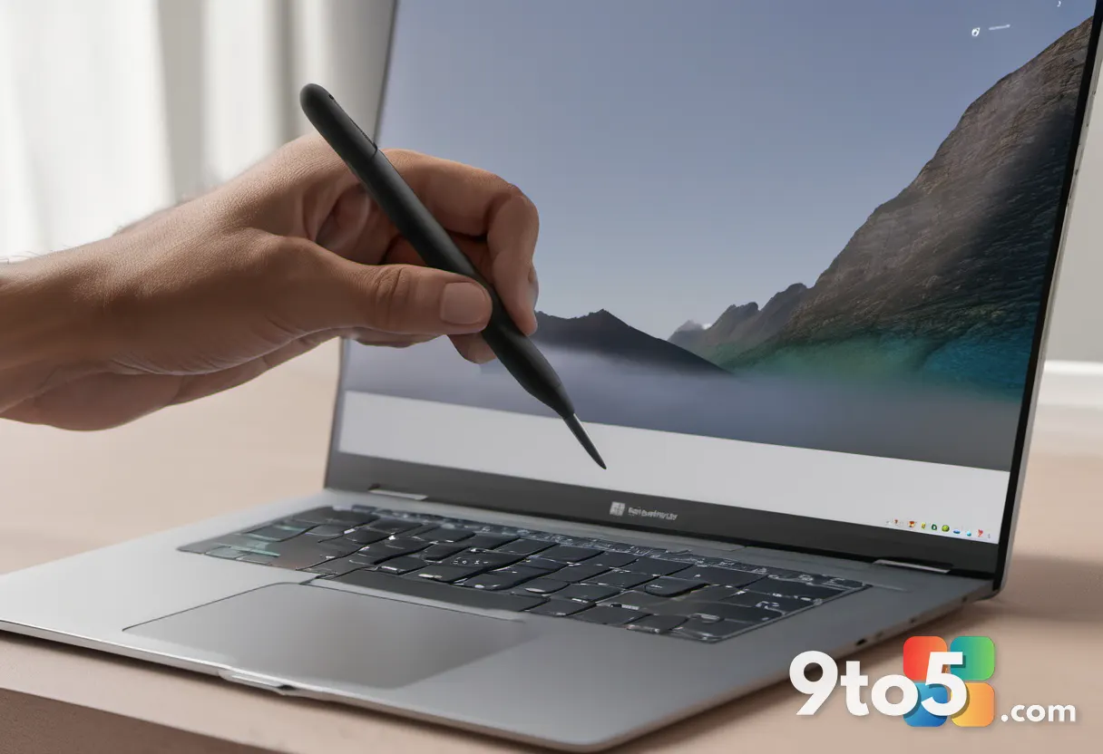 A close-up of a hand using a stylus to remove a background from a photo on a Windows 11 laptop screen, creative editing 