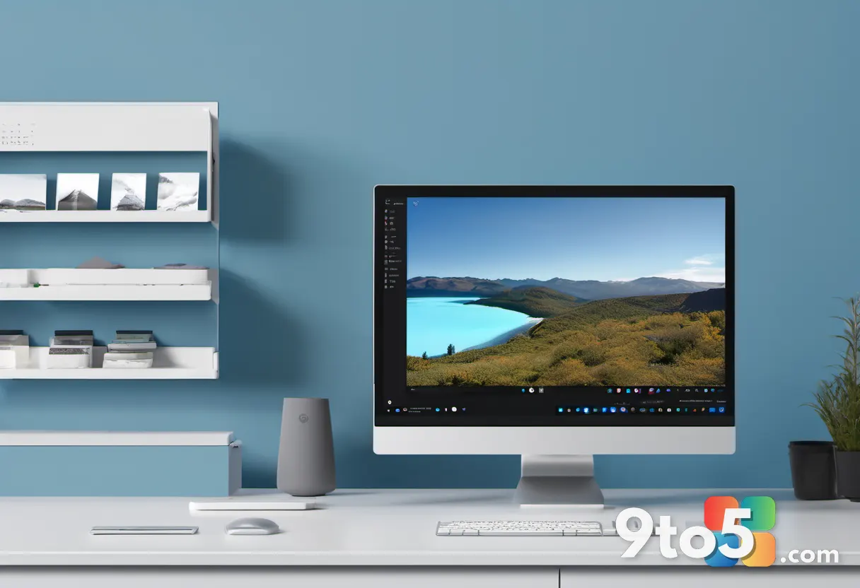 A sleek Windows 11 desktop with the Photos app open, displaying a fast-loading photo library with vibrant images, modern