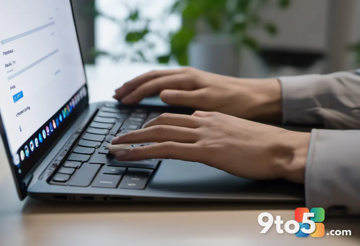 A person's hands resting on a laptop keyboard with the Windows 11 Settings window open on screen, warm natural lighting,