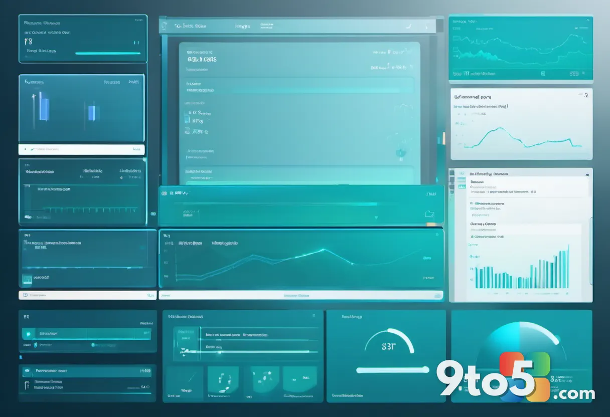 Abstract representation of software testing with layered translucent panels and channel indicators, blue and teal gradie