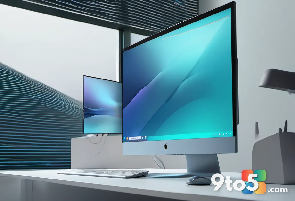 A close-up of a Windows desktop showing a single vibrant abstract wallpaper with flowing blue and teal gradients, subtle