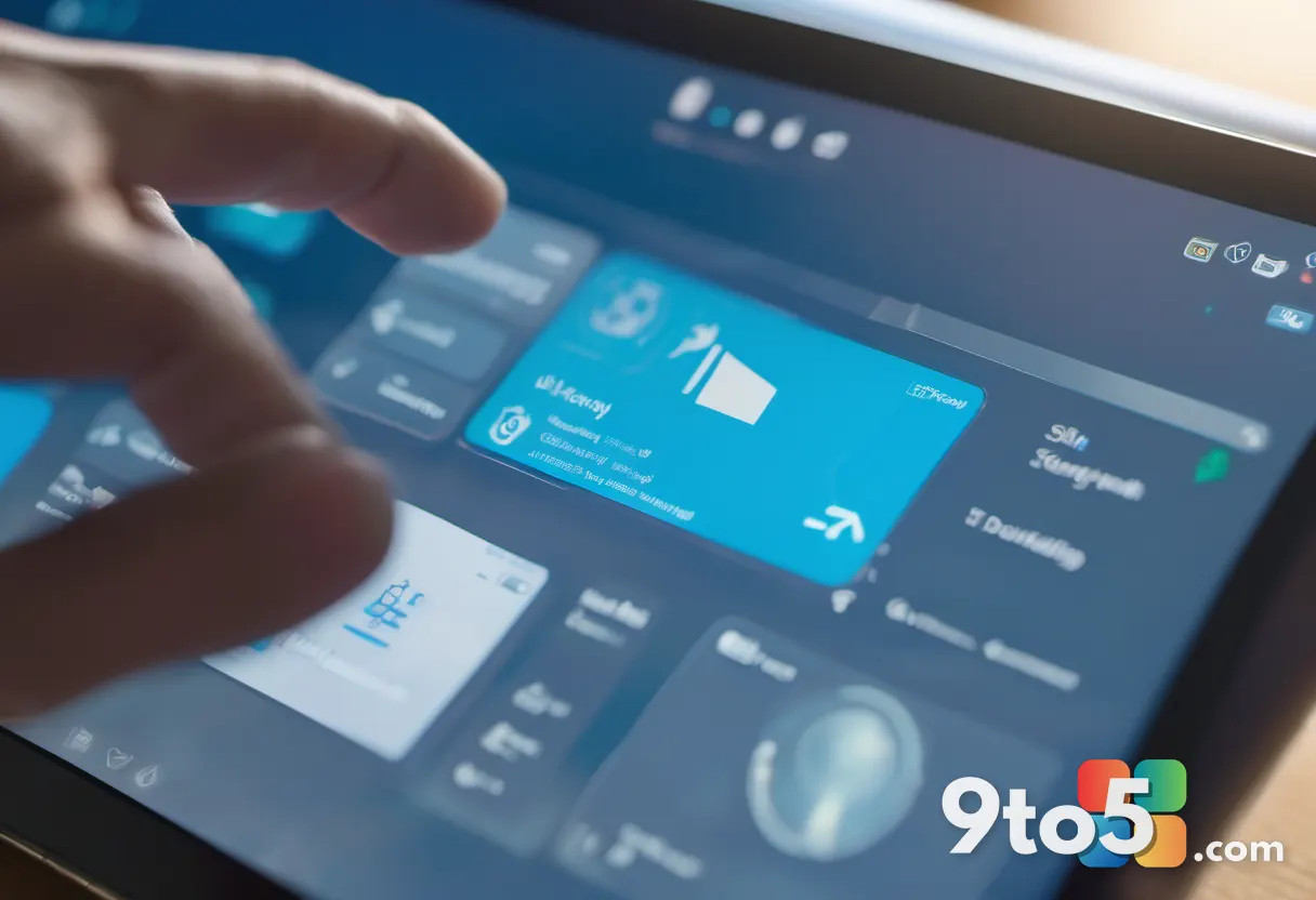 A close-up of a hand reaching toward a translucent floating search interface on a Windows desktop, holographic blue UI p