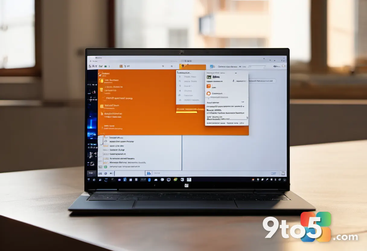 Close-up of a laptop computer screen showing the Outlook desktop email interface with a glowing orange warning notificat