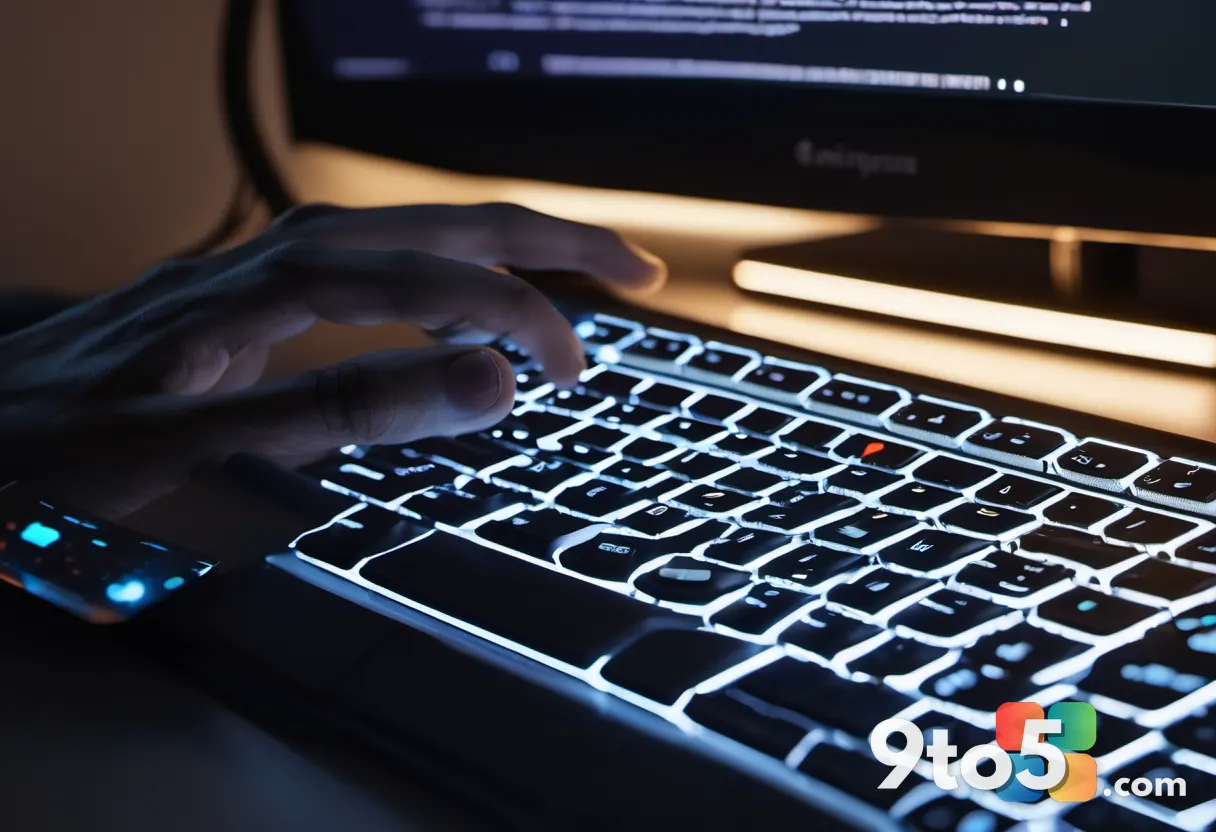 Close-up of a developer's hands on a backlit keyboard, glowing lines of code on a dark monitor in the background, warm d