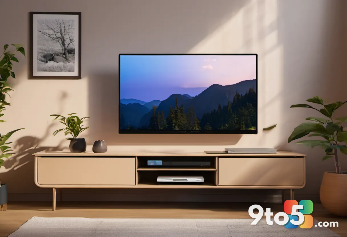 A living-room TV displaying a Windows 11 desktop with the Start menu open, sitting on a wooden media console beside a PS