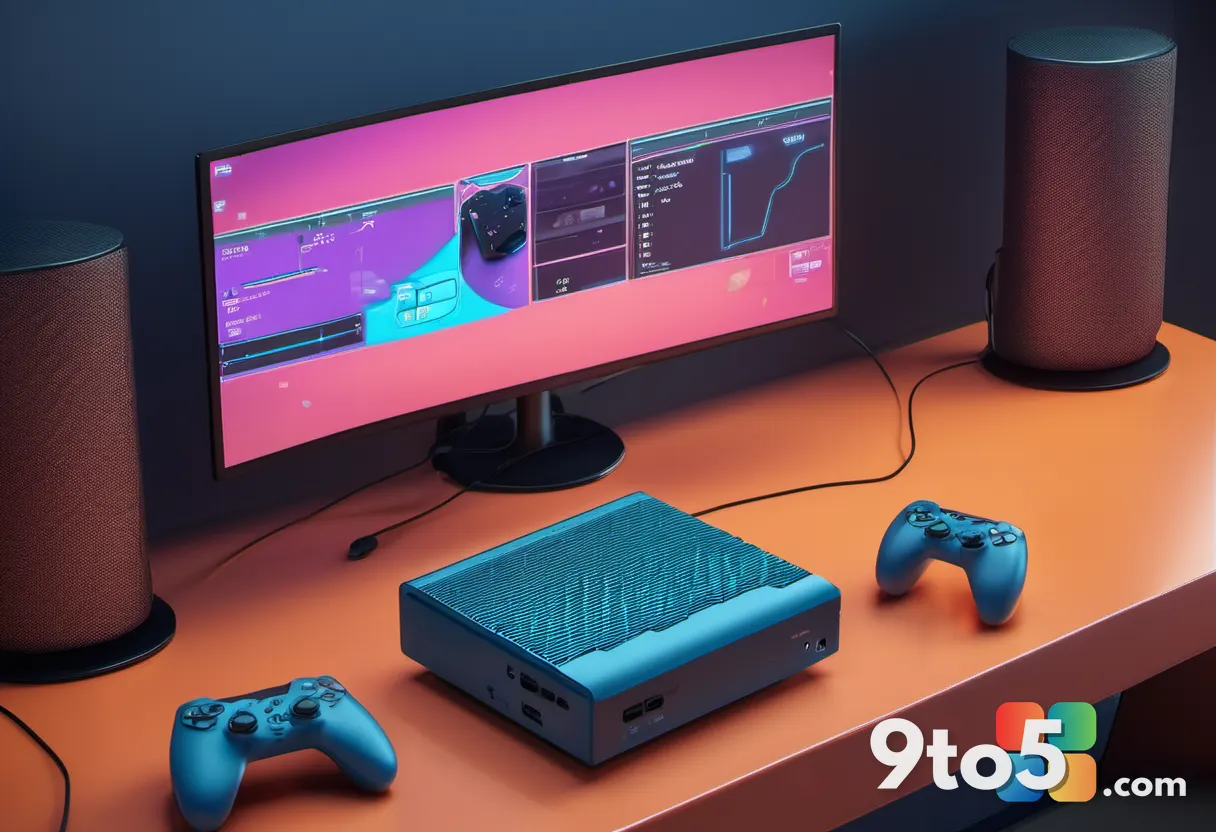 A close-up of a game controller and a retro emulation frontend on a monitor, cozy gaming setup with soft backlighting in