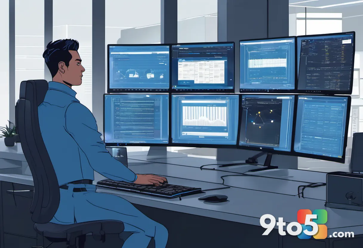 An IT administrator at a dark monitoring desk, multiple screens showing browser policy dashboards and security metrics, 
