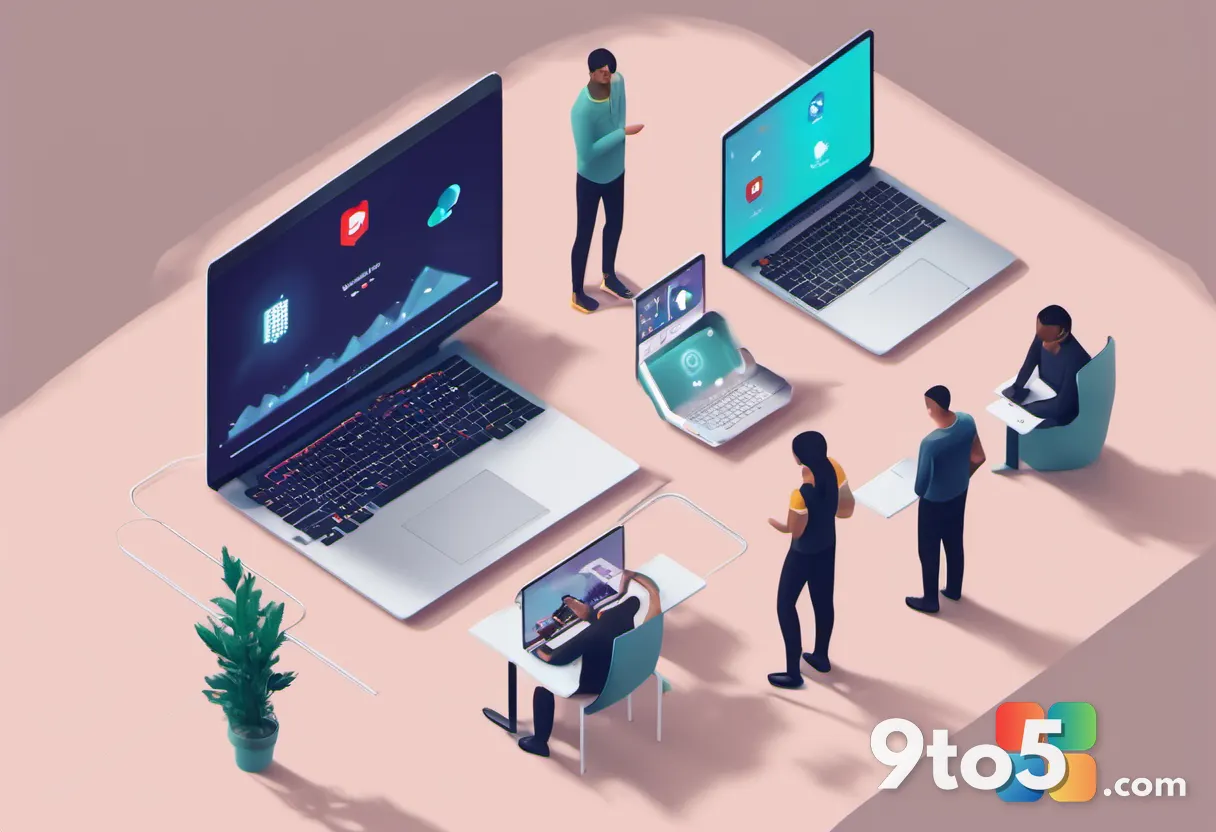 Top-down view of a diverse team collaborating around a table with floating digital icons linking their laptops, warm amb