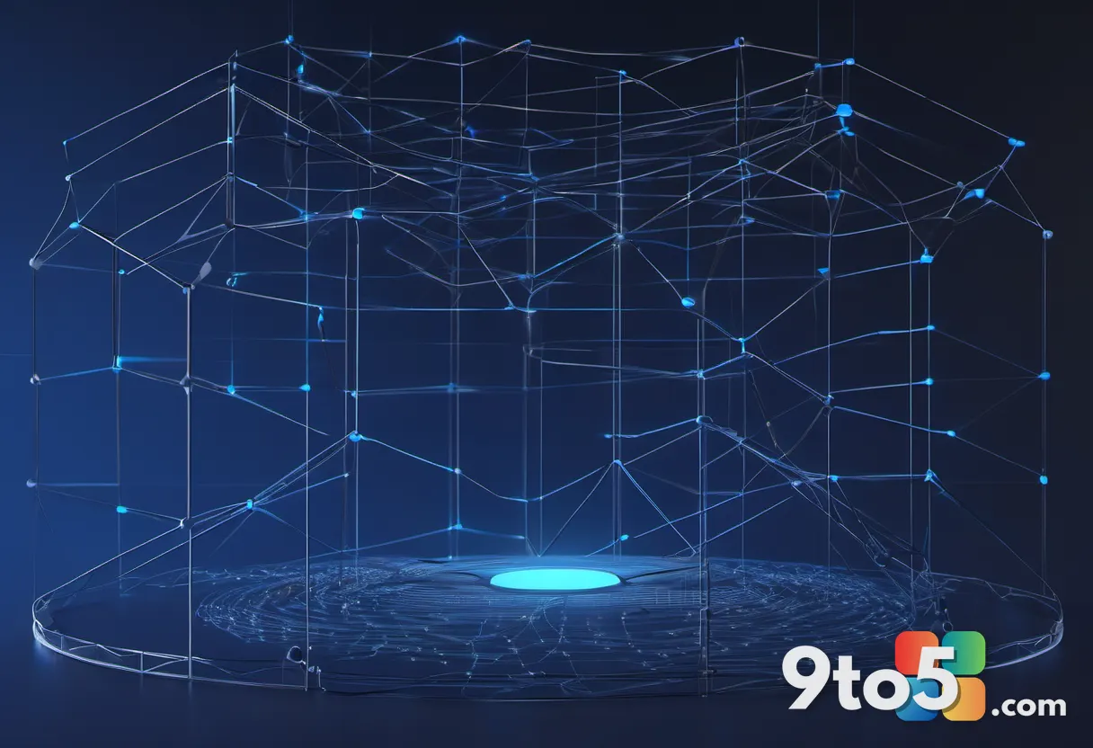 Abstract visualization of a knowledge network with glowing threads linking people and computer nodes across a dark blue 